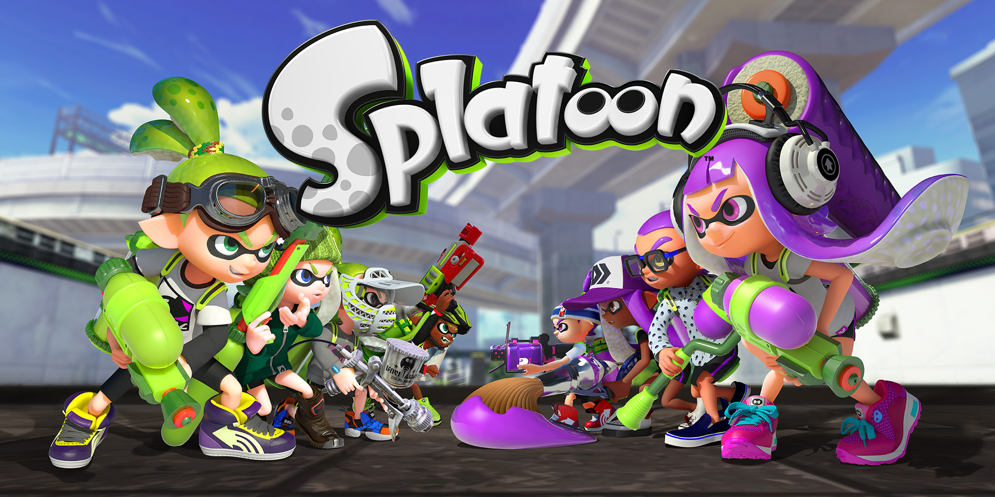 Cover art for Splatoon for the WiiU; A team of Green Squid Kids faces off against a team of Purple Squid Kids.