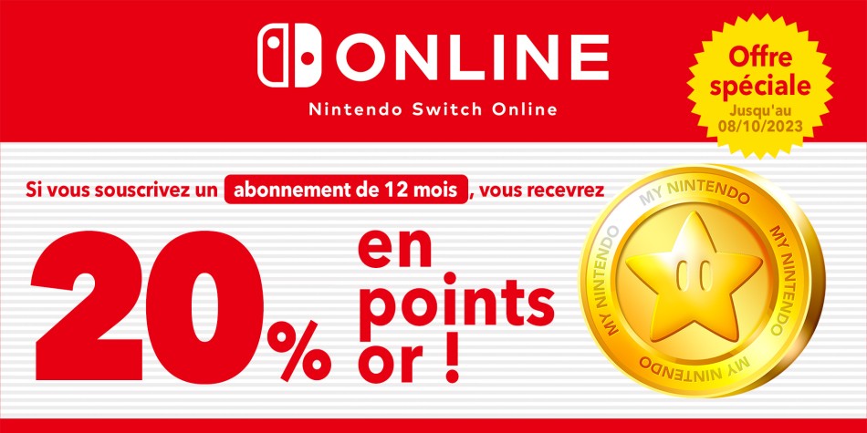 Offre spéciale : vous pouvez obtenir jusqu'à 14 € en points or en vous abonnant pour 12 mois au service Nintendo Switch Online !