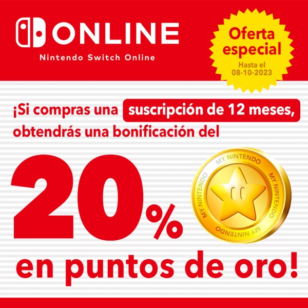 Oferta especial: ¡Puedes conseguir hasta 14 € en puntos de oro gracias a una suscripción de 12 meses a Nintendo Switch Online!