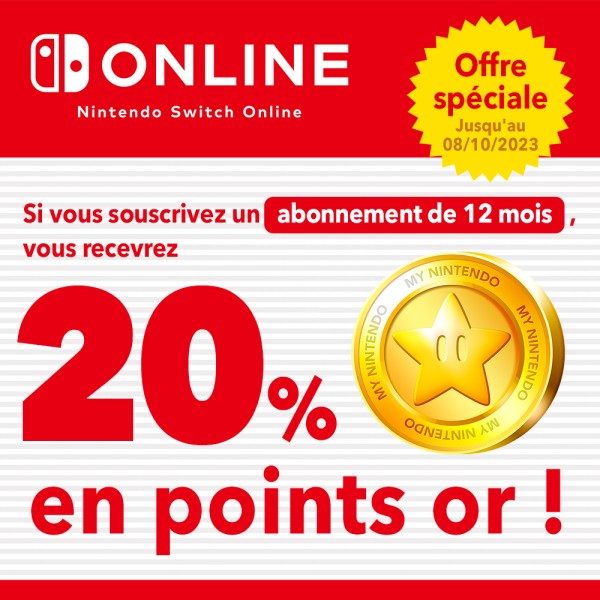 Offre spéciale : vous pouvez obtenir jusqu'à CHF 18,00 en points or en vous abonnant pour 12 mois au service Nintendo Switch Online !