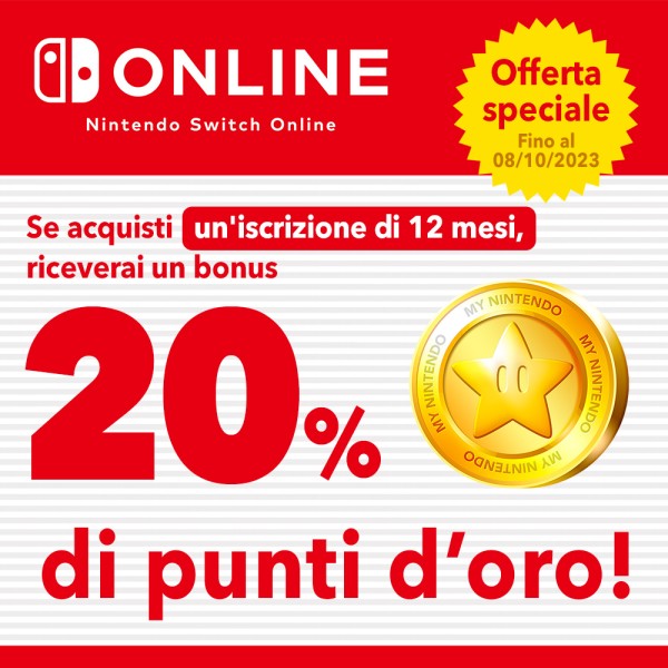 Offerta speciale: puoi ottenere fino a 14,00 € in punti d'oro con un'iscrizione di 12 mesi a Nintendo Switch Online!