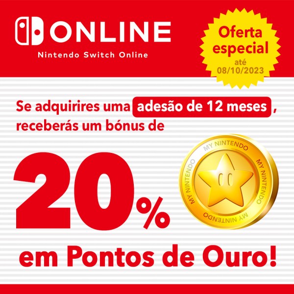Oferta especial: Podes receber até €14,00 em Pontos de Ouro com adesões do Nintendo Switch Online de 12 meses!